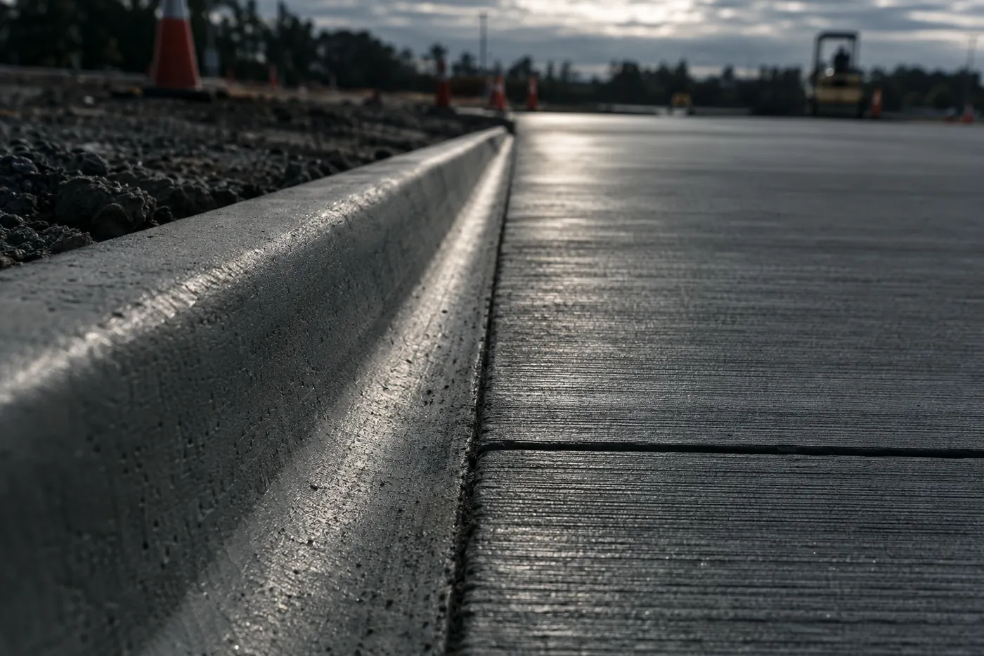 New curb and gutter along fresh commercial paving