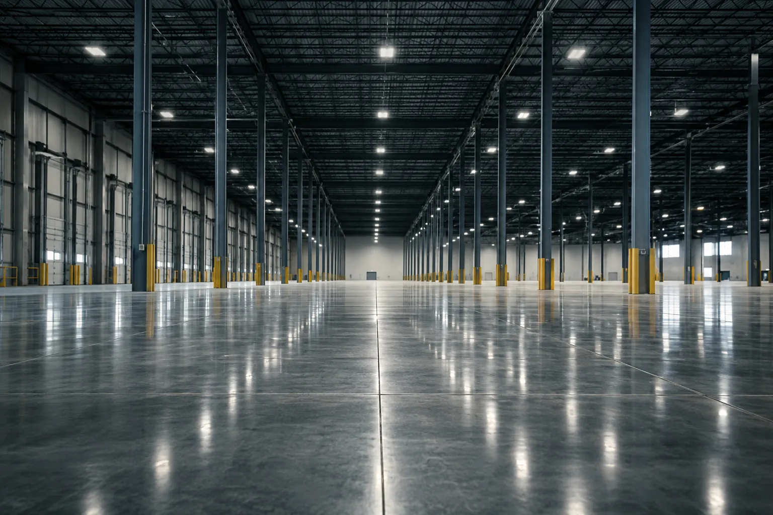 Polished concrete warehouse floor reflecting high-bay lights
