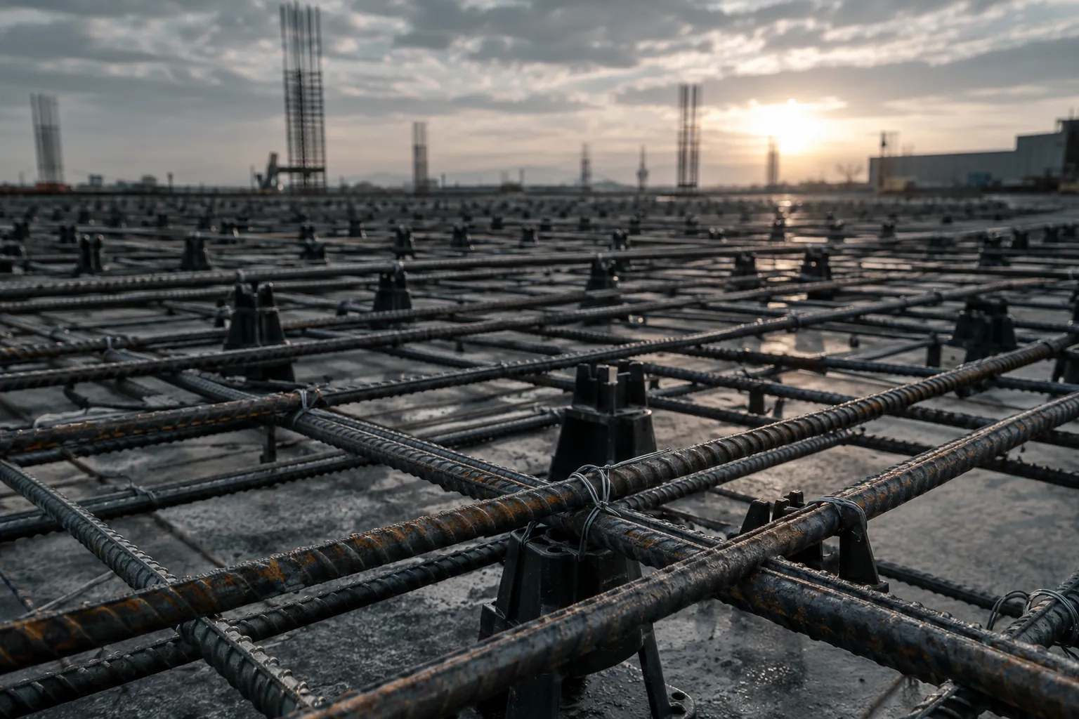 Dense rebar grid on chairs before a commercial slab pour