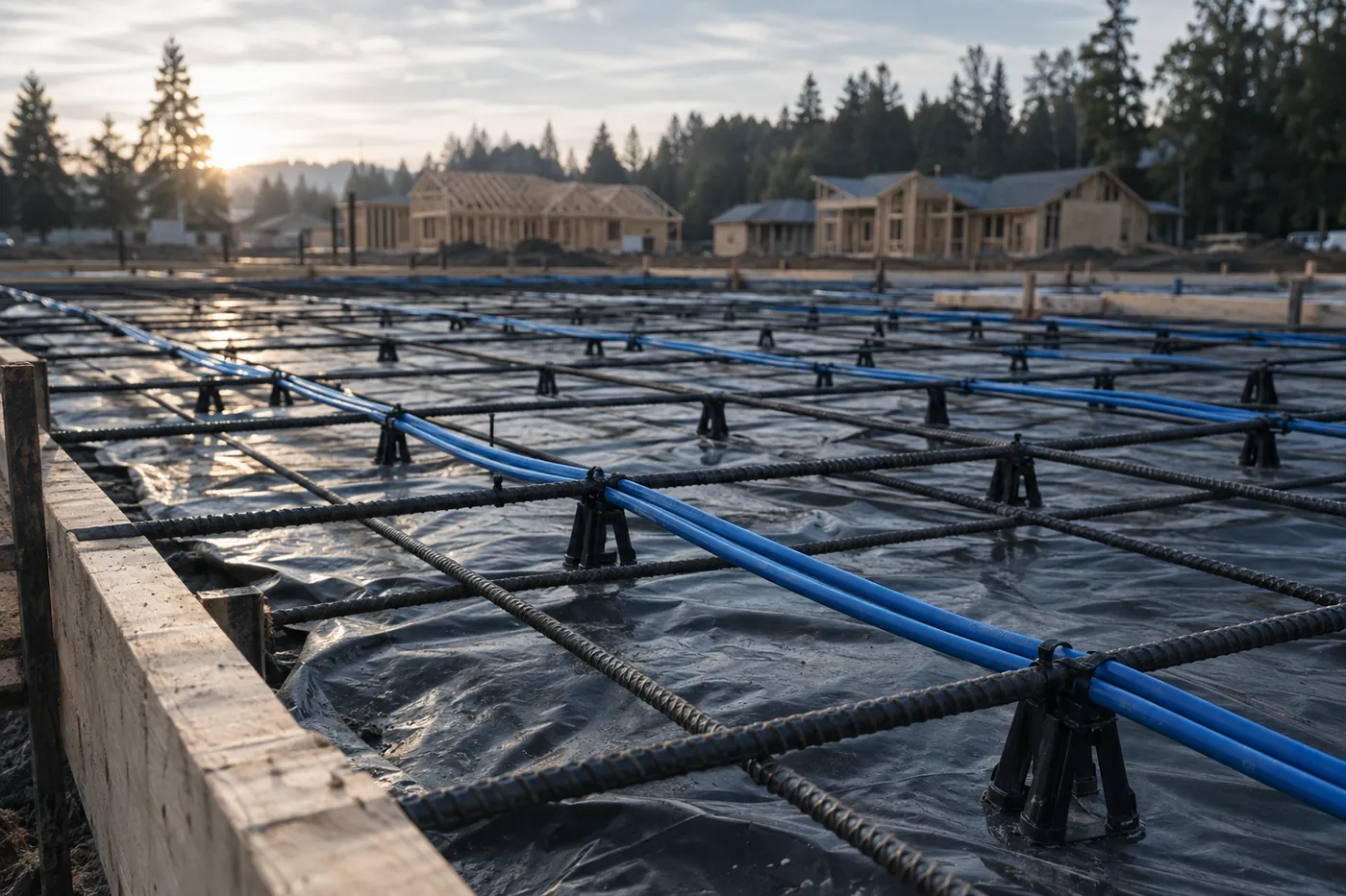 Post-tension cables and rebar in a residential foundation form