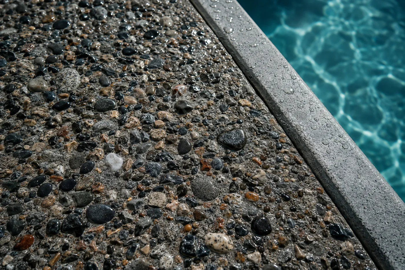 Exposed aggregate pool deck with water droplets