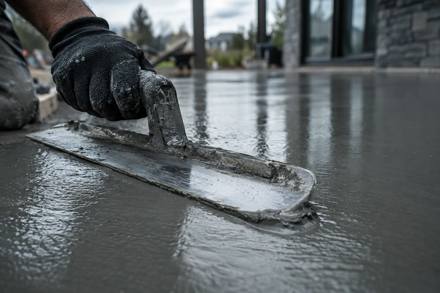 Steel trowel finishing fresh concrete on a residential patio